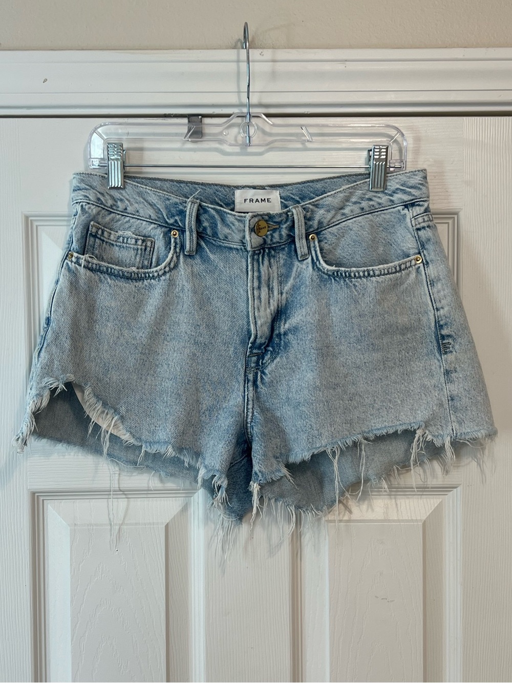 FRAME Le Brigette High Rise Cutoff Denim Shorts Light Wash Distressed Size 27